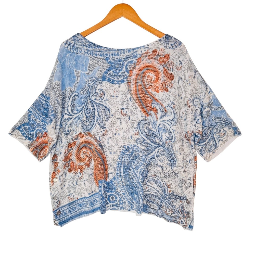 Chicos Knit Top Womens 3‎ Blue Paisley Orange Short Sleeve Lightweight XL Beach